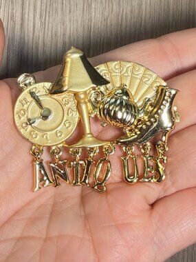 Antiques Vintage Brooch Signed AJC Gold Tone Dangle Charm Pin Lamp Clock Shoe 2.